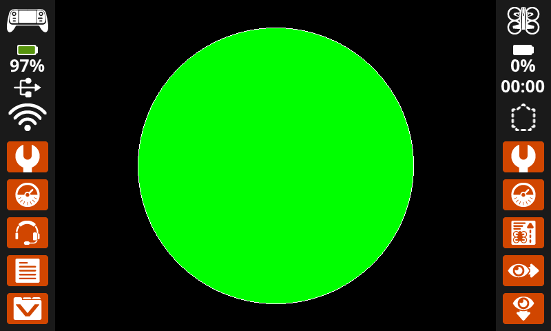 A screenshot of the VEX AIR Drone Controller's screen with a large solid green circle with a thin white border drawn centered on the screen.