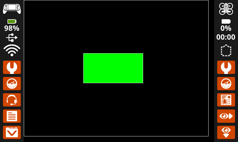 A screenshot of the VEX AIR Drone Controller's screen with a solid green rectangle with a thin white border printed in the center, and a thin white rectangle printed around the outer edges of the screen.
