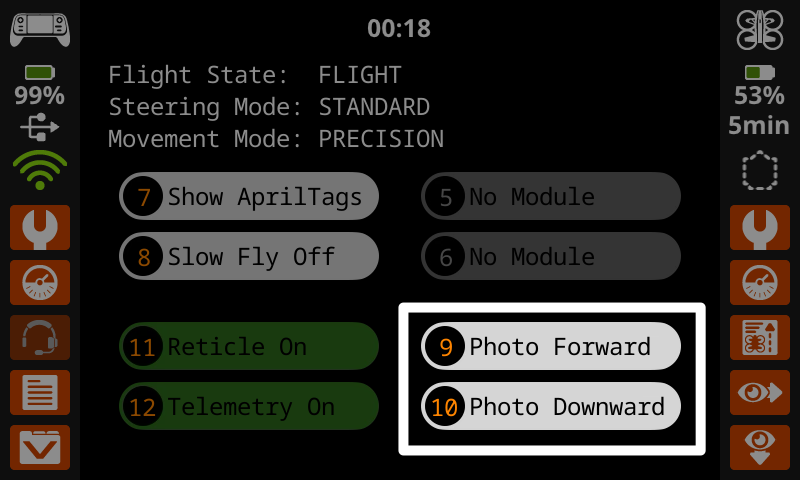 The User Screen of the Default Fly Project with buttons 9 and 10 for Photo Forward and Photo Downward highlighted on the screen.