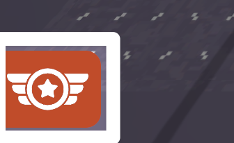 A button with wings and a star in a circle icon, on the lower left corner of the VEX AIR Flight Simulator interface.