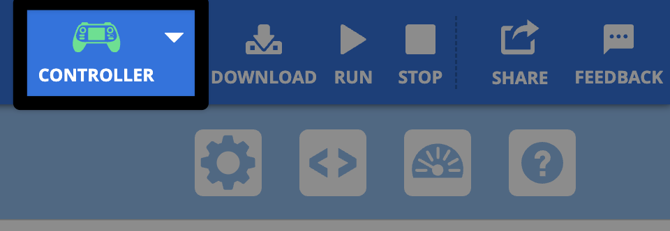 A screenshot of the upper right corner of the VEXcode AIR Toolbar, with the green Controller icon highlighted, to the left of the download icon.