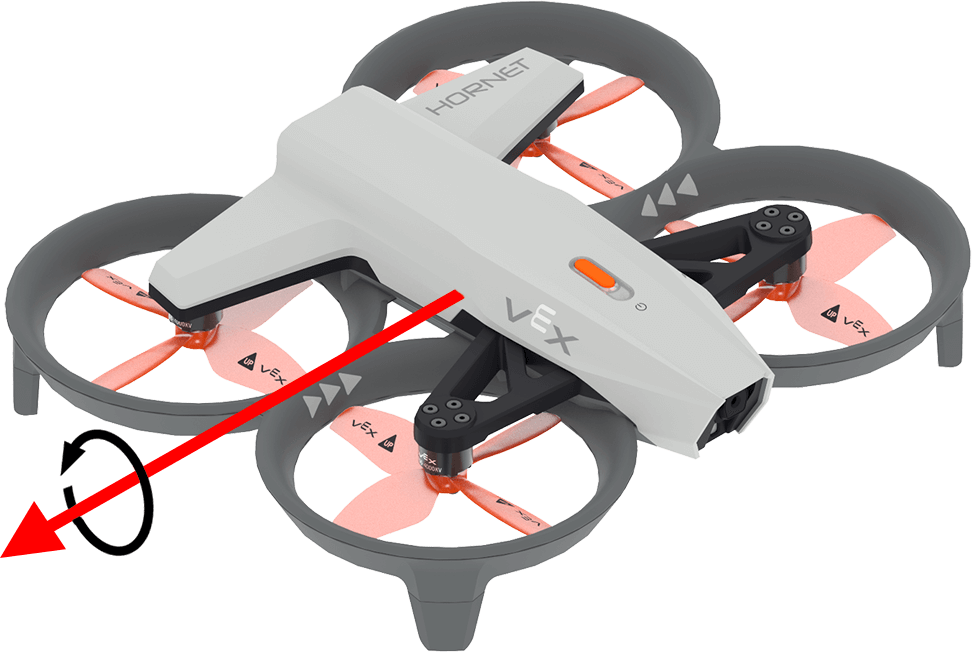 A VEX AIR Drone facing the lower right corner with a red arrow extending out of the right side of the drone, beside the VEX logo. Around the red arrow, a black curved arrow pointing counterclockwise indicates the positive direction for pitch.