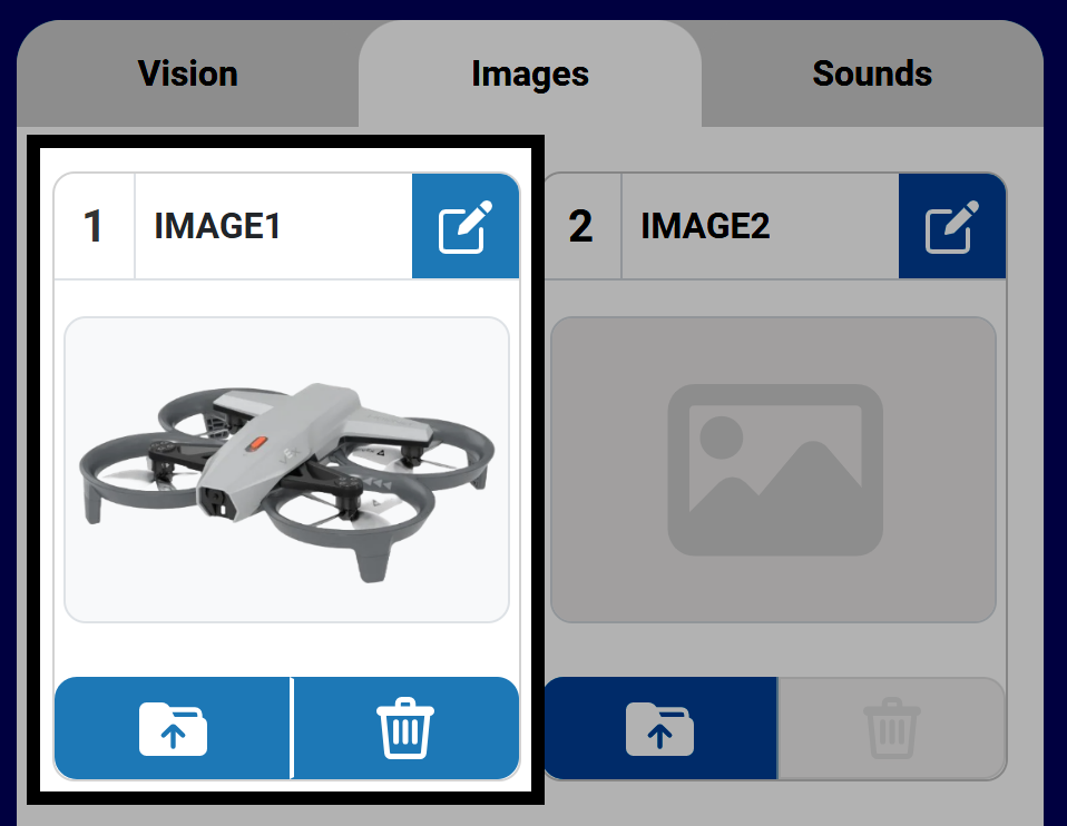 The same image of the top of the Image tab in the Control Panel open, now showing a picture of the drone in Image 1, and all buttons are active.