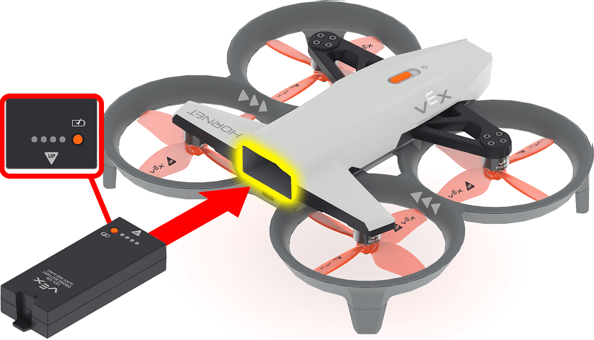 A drone faces away, to show the battery opening in the back of the drone. A battery is behind the drone, with an arrow pointing from the front of the battery to the battery port on the drone. A close up on the top of the battery shows the Up arrow with the battery indicator buttons and lights.