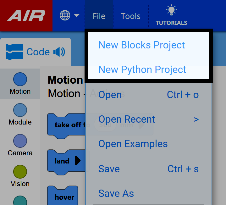 The File menu in VEXcode AIR is shown, with the first two options highlighted. They read New Blocks Project and New Text Project.