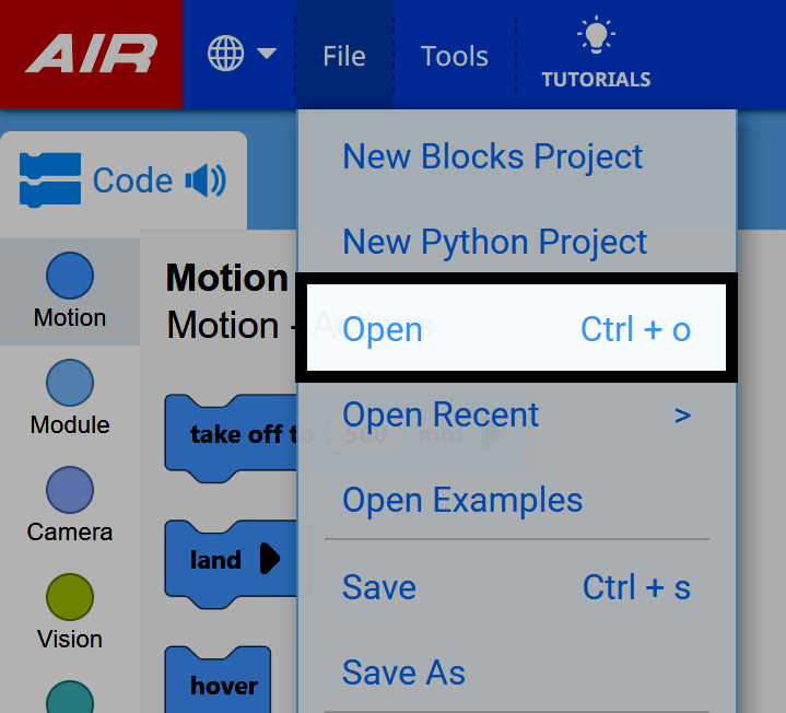 The File menu in VEXcode AIR with the Open option highlighted.
