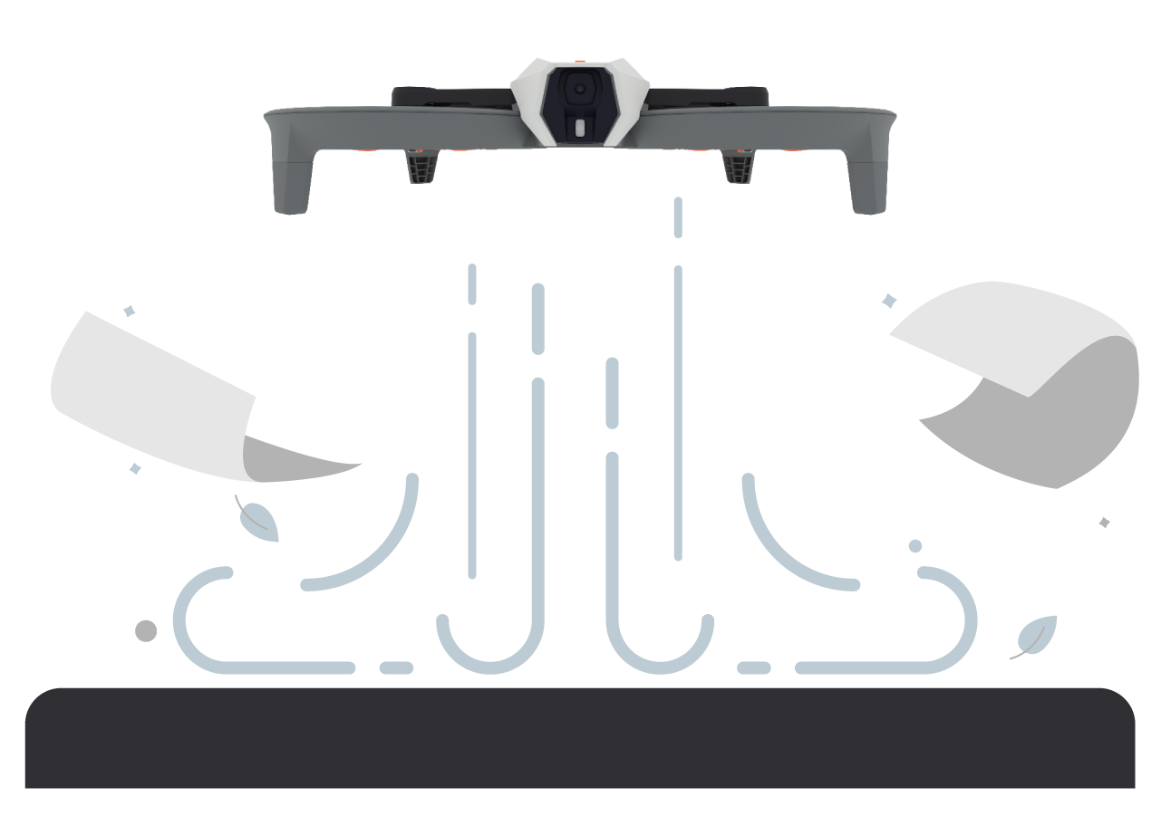 Illustration of a drone hovering above the ground, with stylized airflow lines and debris flying away from the blowing air.