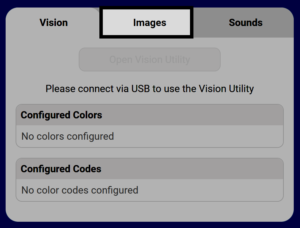 A screenshot of the the Control panel in VEXcode AIR, with the Images tab in the center hlighted.