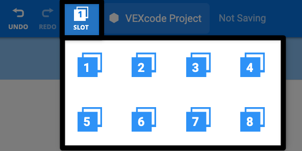 The center of the VEXcode AIR Toolbar is shown with the Slot number highlighted, and the dropdown showing available slots 1 through 8 open, indicating what to select to change the slot number.