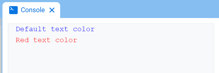The VEXcode Console, showing the Console and blue-colored text saying "Default text color" displayed on the first line and red-colored "Red text color" on the second line.