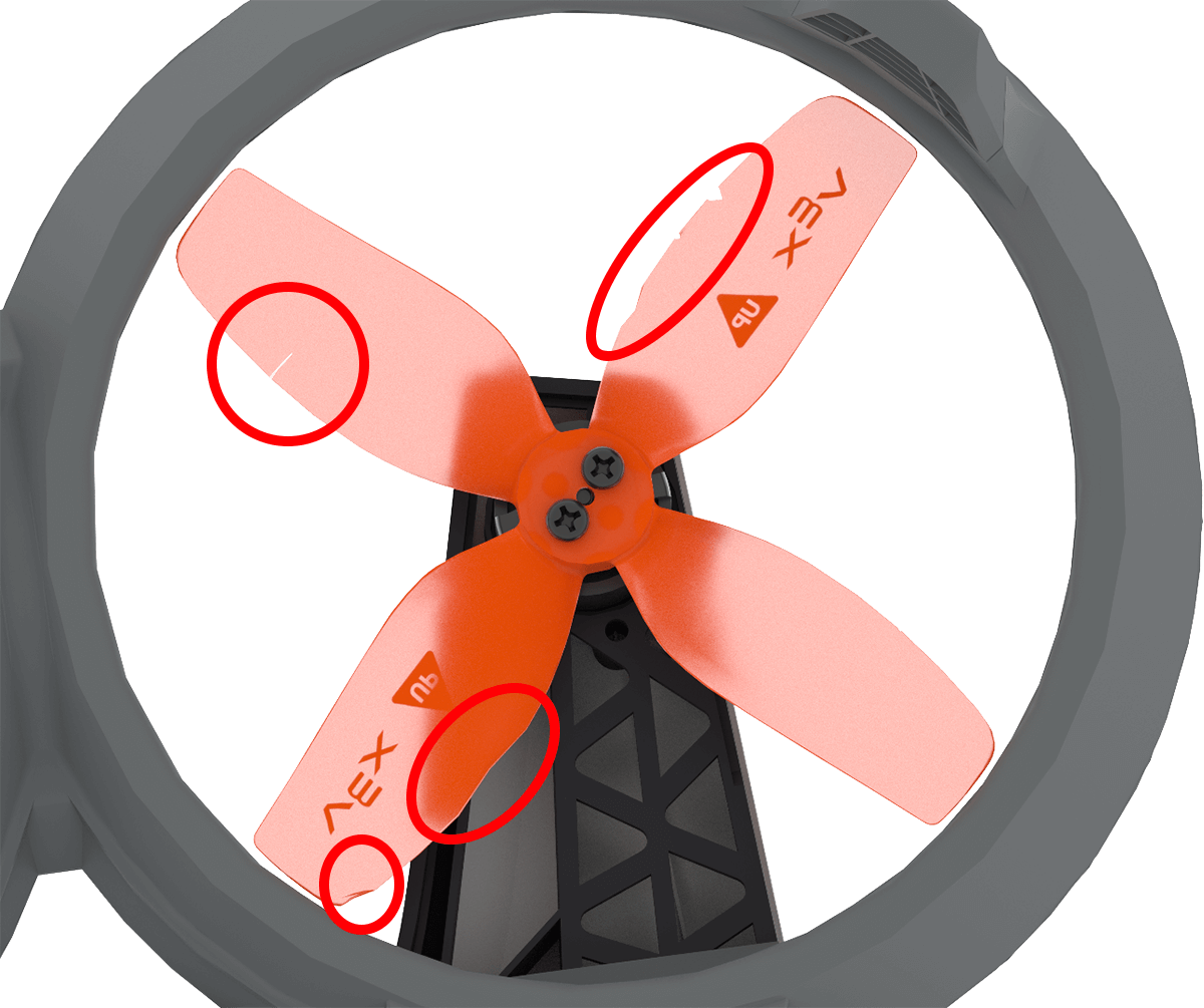 Close-up of the propellers, with multiple red circles highlighting chips, cracks, and wear along the propeller blades
