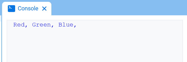 The VEXcode Console, showing the Console and the text "Red, Green, Blue," displayed.