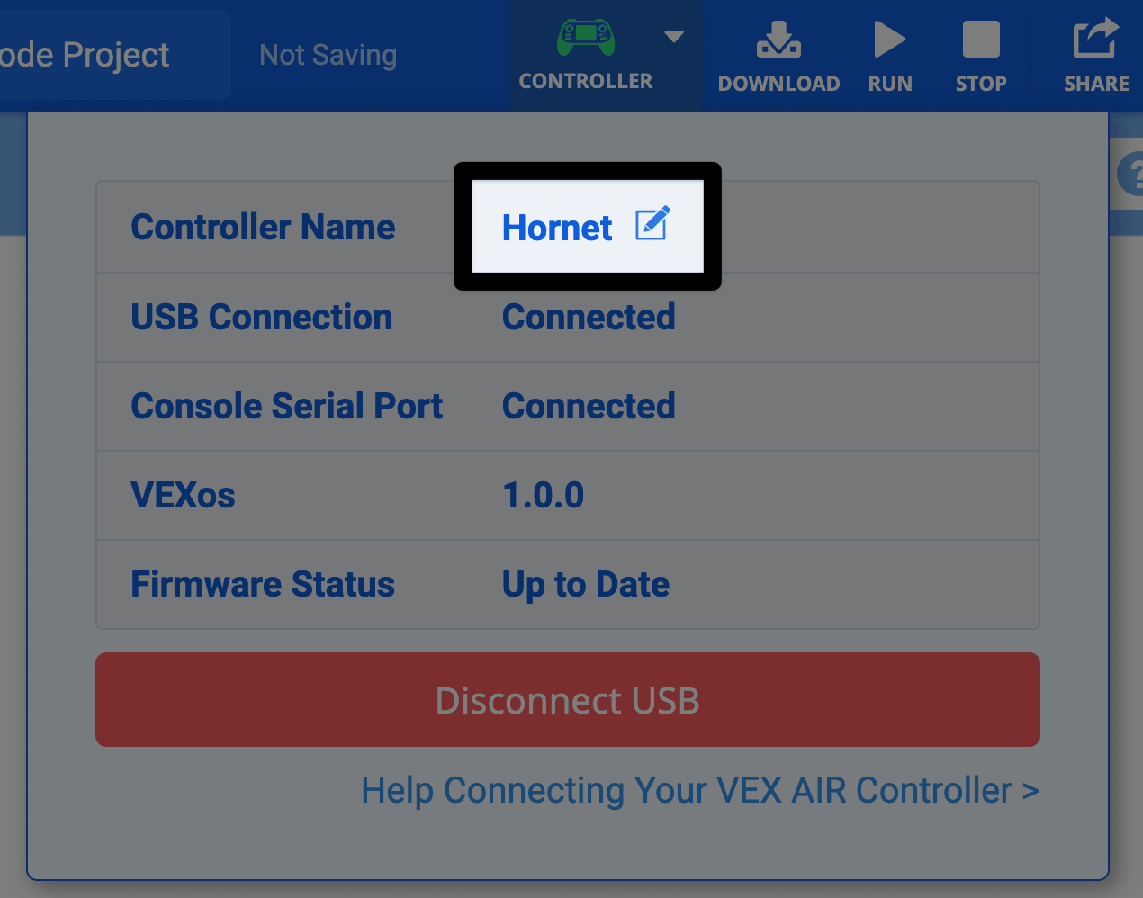 The same image of the Controller dialog as before, now with the Controller Name reading Hornet highlighted.