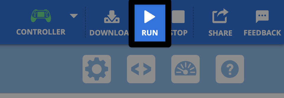 The upper right corner of the VEXcode AIR Toolbar, with the Run button highlighted, between the Download and Stop buttons, to the right of the green Controller icon.