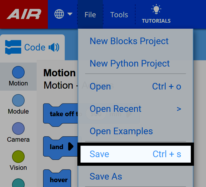 The File menu in VEXcode AIR, with the Save option highlighted.