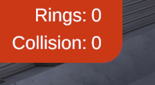 A close up screenshot of the upper left corner of the simulator showing the Rings and Collision counter. Both read zero.