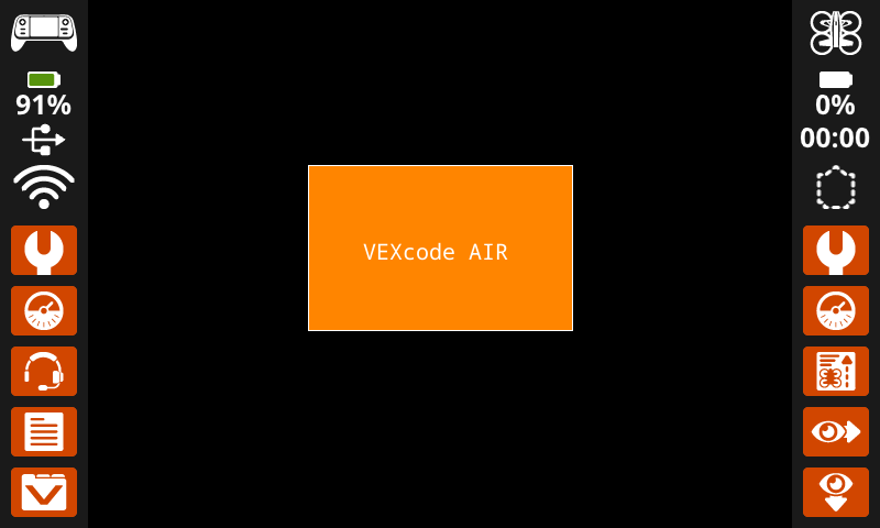 A screenshot of the VEX AIR Drone Controller's screen with a solid orange rectangle with a thin white border with white text reading VEXcode AIR printed in the center.