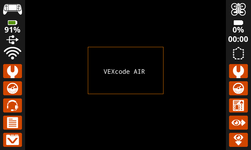 A screenshot of the VEX AIR Drone Controller's screen with a thin orange rectangle with the words VEXcode AIR printed in white in the center.