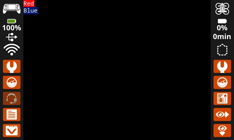 A screenshot of the VEX AIR Drone Controller's screen with two lines of text printed in the upper left corner. The first reads Red in white text with a red highlight, the second, directly below, reads Blue in white text with a blue highlight.
