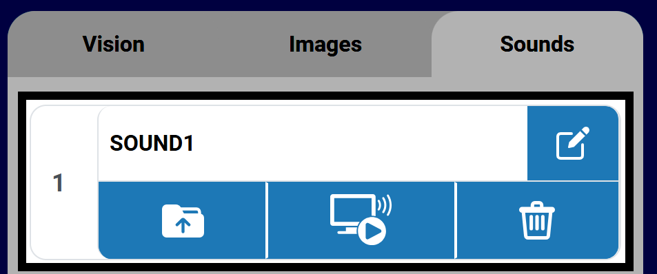 A close up screenshot of the Sounds Tab of the Control Panel in VEXcode AIR reads Sound 1 in the first row, and all buttons are available. From left to right they are Upload, Play sound, and trash.