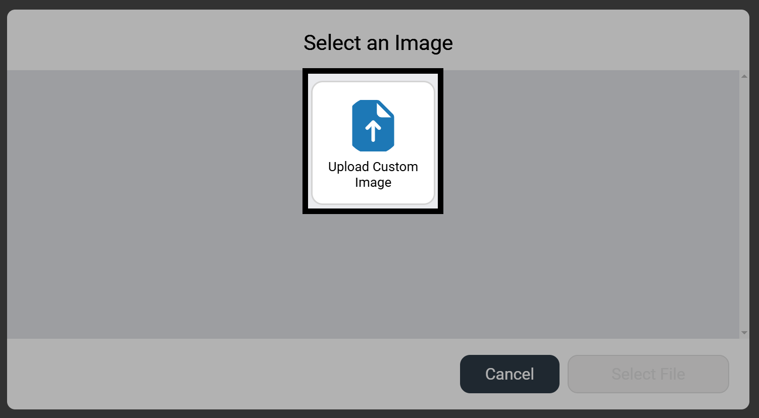 A screenshot of the Image selector reads Select an Image, and has a button reading Upload Custom Image in the center, with a paper icon with an up arrow on it, highlighted.
