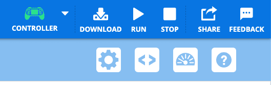 The upper right corner of the VEXcode AIR Toolbar, showing a green Controller icon and the Download, Run, and Stop bottoms to the right are white.