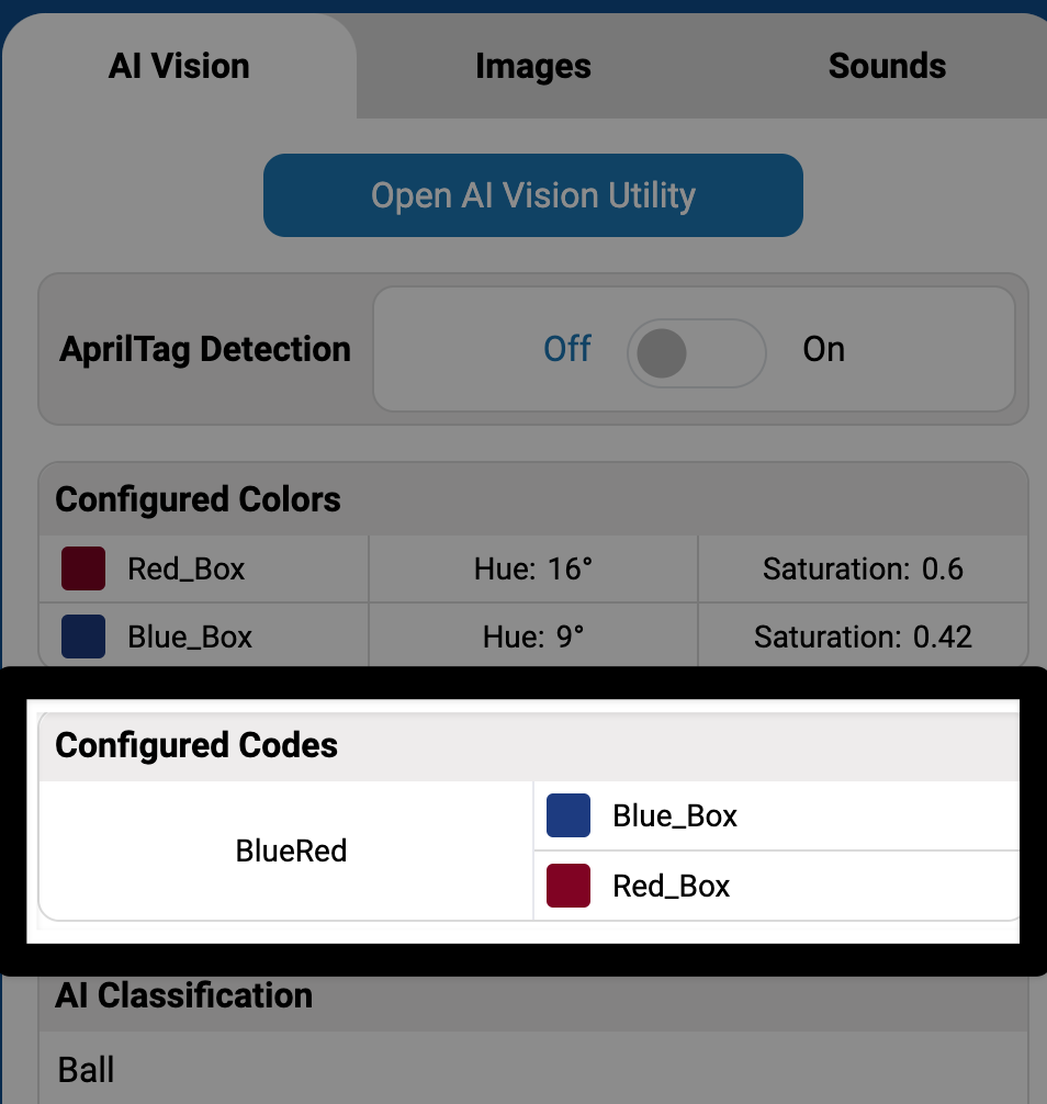 Vista ampliada del Panel de Control en VEXcode AIM con la sección "Códigos de Color" resaltada. Dentro hay una fila que coincide con el código de color configurado.