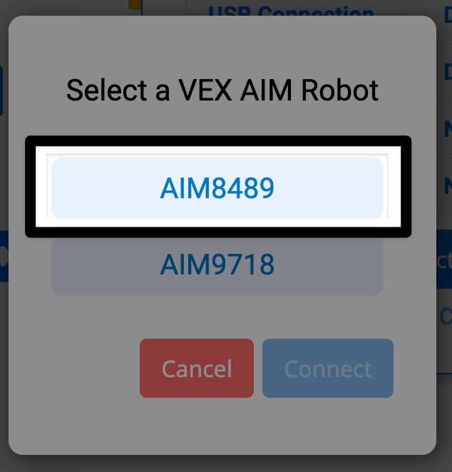 Aparece un mensaje que dice "Seleccionar un robot VEX AIM" y muestra dos opciones. La opción superior, AIM8489, está resaltada.