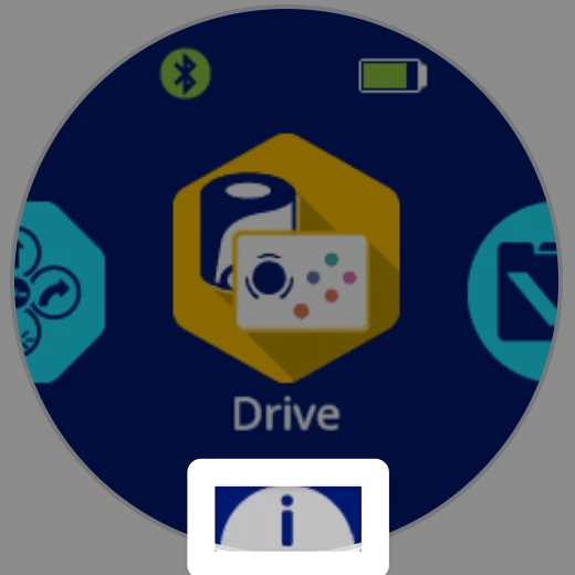 Una captura de pantalla de la pantalla del robot, con el icono "i" en la parte inferior, debajo del icono del proyecto Drive en el centro, resaltado.