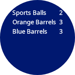 Una captura de pantalla de la pantalla del robot muestra tres líneas de texto blanco que enumeran Pelotas Deportivas 2, Barriles Naranjas 3 y Barriles Azules 3. Los números están alineados a la derecha de cada etiqueta, y la lista comienza en la parte superior de la pantalla.