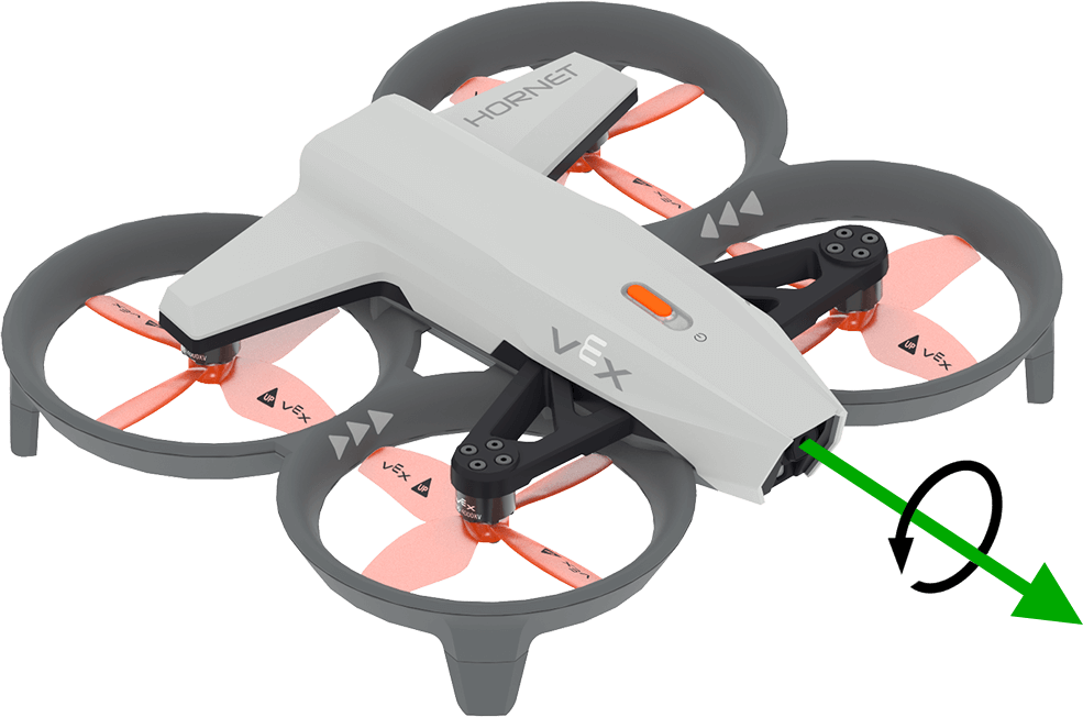 Un dron VEX AIR con la nariz apuntando hacia la esquina inferior derecha, con una flecha verde que se extiende directamente desde la nariz del dron. Alrededor de la flecha verde, una flecha curva negra apunta en sentido contrario a las agujas del reloj, indicando la dirección de alabeo positiva.
