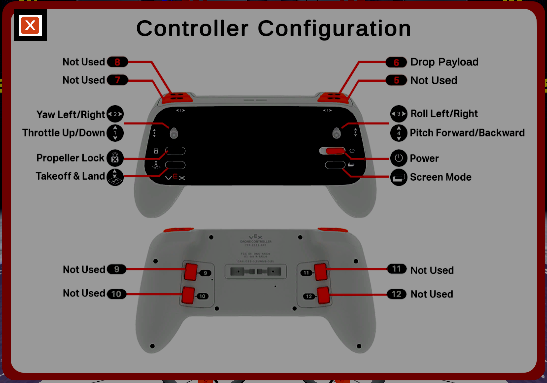 Diagrama etiquetado del controlador del dron VEX AIR que muestra las vistas frontal y posterior, con flechas que identifican las funciones del joystick, los botones, la alimentación, el modo de pantalla, el lanzamiento de la carga útil y los controles no utilizados. El botón X en la esquina superior izquierda está resaltado.