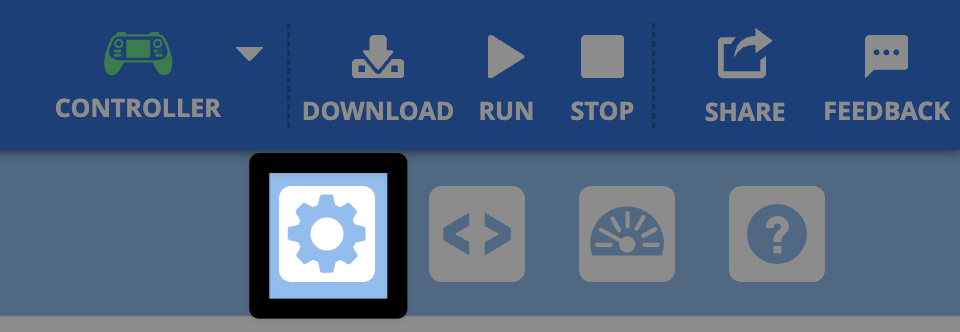 Captura de pantalla de la esquina superior izquierda de la barra de herramientas VEXcode AIR, con el icono de engranaje resaltado debajo del icono de descarga.