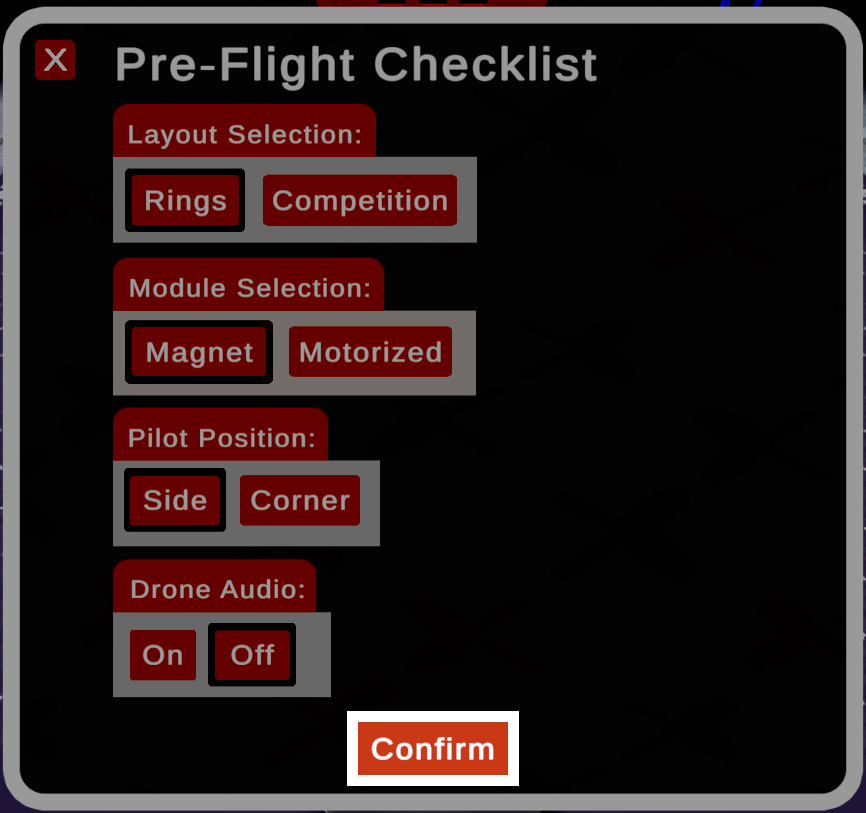 Ventana de la lista de verificación previa al vuelo que muestra opciones para la selección de diseño, selección de módulos, posición del piloto y audio del dron, con el botón Confirmar resaltado en la parte inferior.
