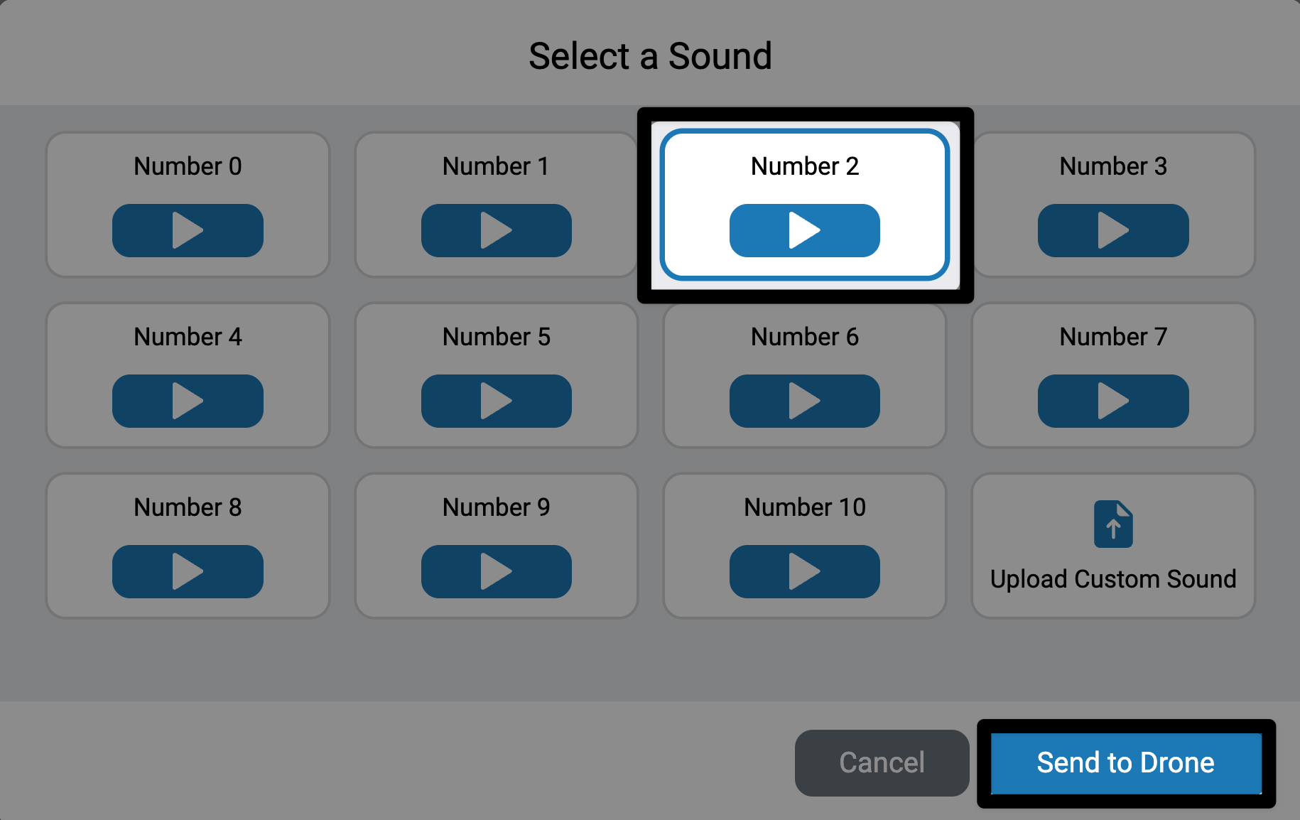 Una captura de pantalla del selector de sonido en VEXcode AIR muestra "Seleccionar un sonido" en la parte superior, con una tabla de 3x4 opciones de sonido disponibles. El número 3 en la fila superior está resaltado, junto con el botón "Enviar a dron" en la esquina inferior derecha.