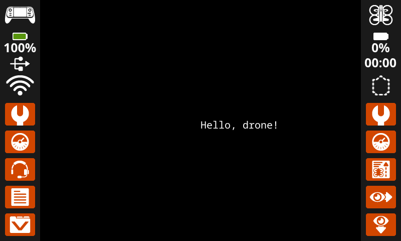 Captura de pantalla de la pantalla del controlador del dron VEX AIR, con texto blanco que dice ¡Hola, dron! comenzando en el centro de la pantalla.