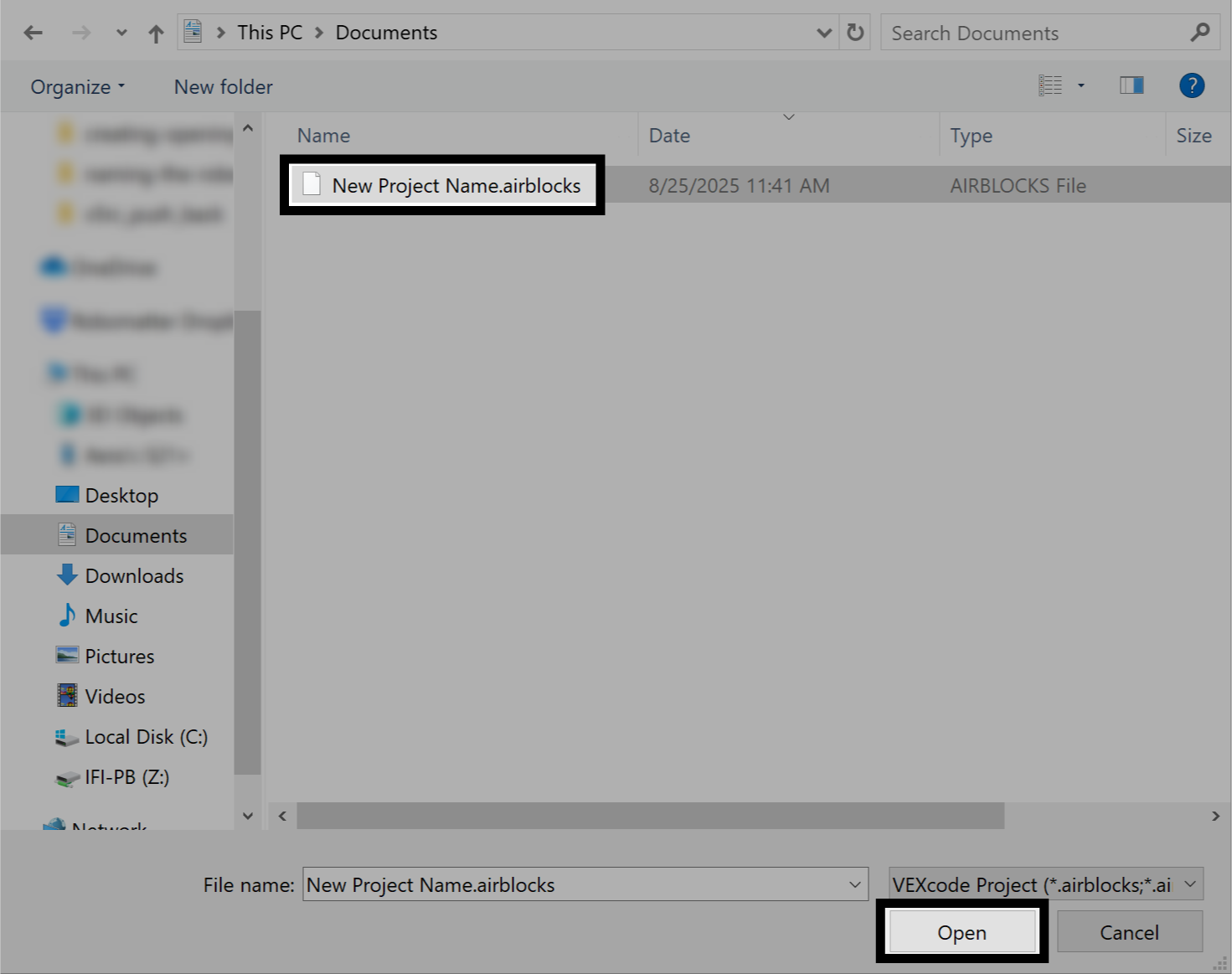 Se muestra una pantalla de navegación de archivos de Windows con un proyecto VEXcode AIR seleccionado y el botón Abrir en la esquina inferior derecha resaltado, indicando qué seleccionar para abrir un proyecto.