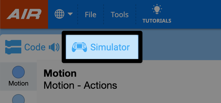 Interfaz VEXcode AIR con el botón 'Simulador' resaltado, que muestra un icono de controlador y la palabra Simulador.