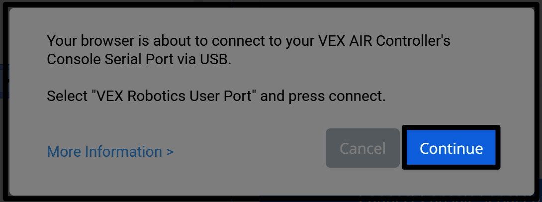 Mensaje que indica al navegador que se conecte al puerto serie de la consola del drone VEX AIR con el botón Continuar resaltado.
