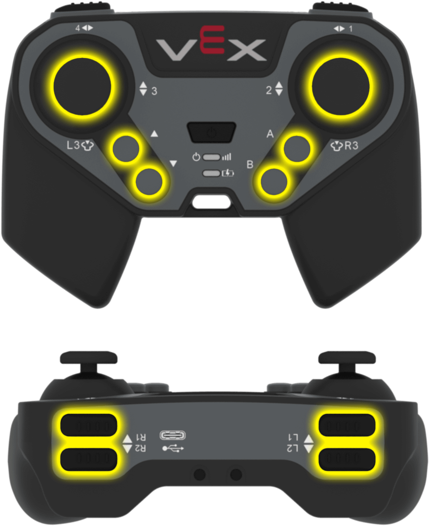 Vista frontal y superior del mando EXP, con los joysticks, las flechas y los botones de acción resaltados en amarillo. En la superficie del mando se encuentran dos joysticks, uno a la izquierda y otro a la derecha, con flechas arriba y abajo a la izquierda y botones A y B a la derecha. En la parte superior del mando se ubican los botones L1 y L2 a la izquierda y los botones R1 y R2 a la derecha.