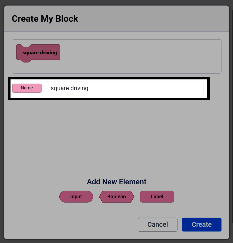 Captura de pantalla del cuadro de diálogo Crear mi bloque, con el campo Nombre resaltado y configurado para conducción cuadrada.