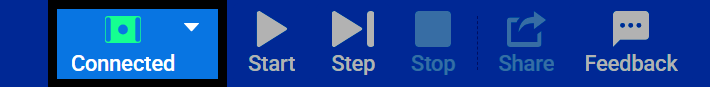 Captura de pantalla de la barra de herramientas de VEXcode GO, con el botón Conectar resaltado que muestra el estado Conectado.