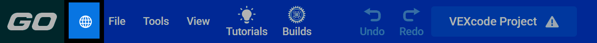Captura de pantalla de la barra de herramientas VEXcode GO, con el icono de selector de idioma resaltado.