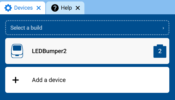Captura de pantalla de la pestaña Dispositivos, donde se muestra LEDBumper2 en la lista de dispositivos.