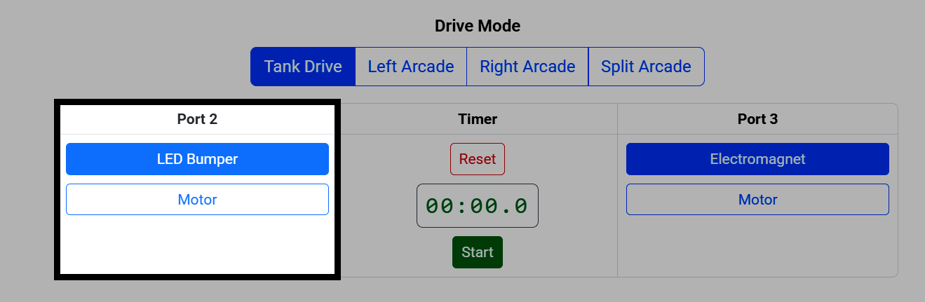 Captura de pantalla del modo de conducción, con el selector de dispositivo del puerto 2 resaltado, que muestra las opciones de paragolpes LED y motor.