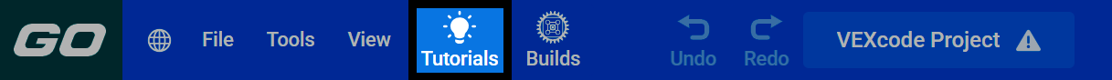 Captura de pantalla de la barra de herramientas de VEXcode GO, con el botón de Tutoriales resaltado.