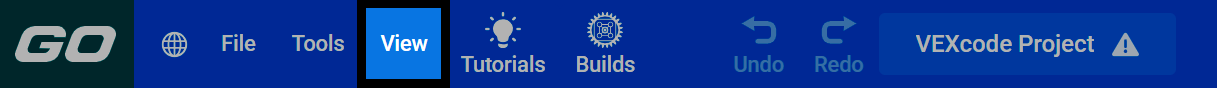Captura de pantalla de la barra de herramientas de VEXcode GO, con el menú Ver resaltado.