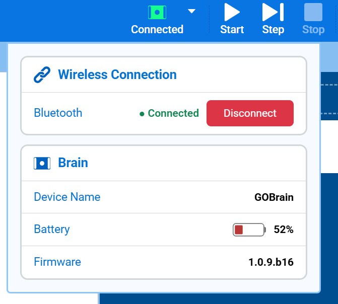 Captura de pantalla de las secciones Conexión inalámbrica y Cerebro, que muestra la conexión Bluetooth y el nombre del dispositivo Cerebro, la batería y el firmware.