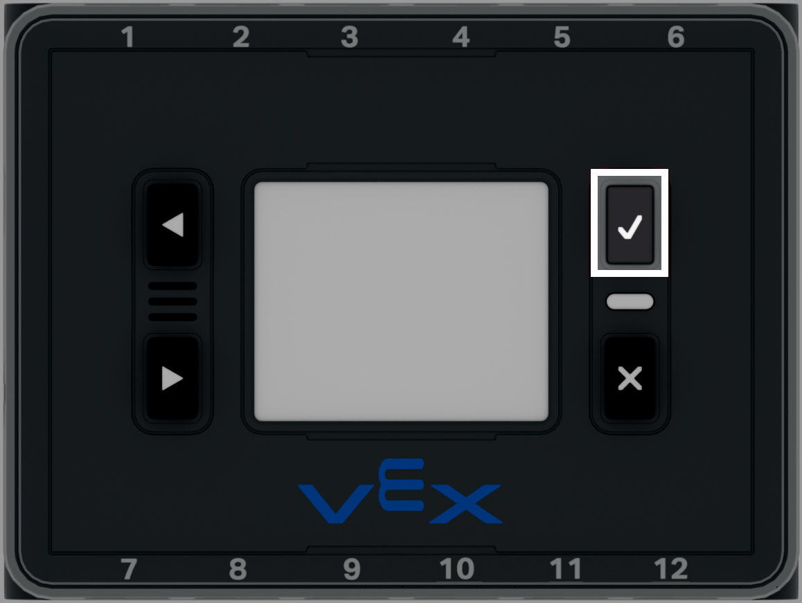 Captura de pantalla del panel frontal del VEX IQ (2.ª generación), con el botón "Comprobar" resaltado.
