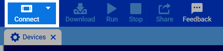 Captura de pantalla del botón Conectar situado en la parte superior derecha del VEXcode IQ (2.ª generación).